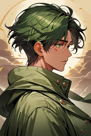 1boy, black_hair, short hair, black_eyes, green clothes, black trenchcoat, 1girl, long red girl hair, sexy pose, couple ,prosthetic_eye, upper_body, fierce, detailed, detailed_face, detailed_eyes, high resolution, bold, korean Manhwa art style, Detailedface,jaeggernawt