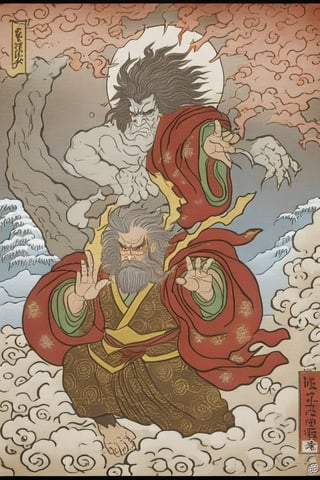 The illustration showcases Zeus, the king of the gods, rendered in the delicate and detailed aesthetics of Ukiyo-e art style. His majestic figure is adorned with ornate garments, richly decorated with traditional Japanese patterns. His posture is commanding, holding a lightning bolt – his iconic symbol – which is intricately detailed to resemble a fusion of classical Greek mythology and traditional Japanese craftsmanship. The backdrop is reminiscent of old parchment, enhancing the Ukiyo-e ambiance. His expression is stern and authoritative, befitting his status as the ruler of gods, yet the overall detailing and colors are deeply rooted in the grace of Ukiyo-e artistry. This representation is a harmonious blend of ancient Greek lore and traditional Japanese art, portraying Zeus in a never-before-seen avatar,  