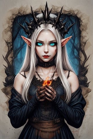 lady elf, black soot covered hands, tattered dirty white dress, thorn crown, blue flaming eyes