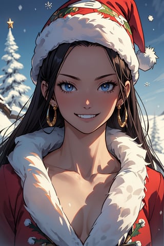 (masterpiece, best quality, ultra detailed, 8k, intricate details), boa hancock, one piece, christmas hat, happy face, winter,hancock1