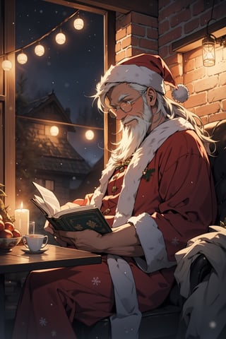 (masterpiece, best quality, ultra detailed, 8k, intricate details), 1child, 1man, old man, reading book, beautiful eyes, long hair, long beard, fat body, happy face, christmas, winter, christmas decoration, tree christmas, cosy cottage, sitting, chimney, wearing santa suit, wallpaper, ambient lighting, lofi ambient, night,midjourney