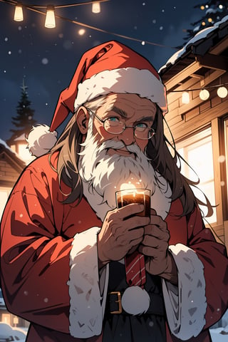 (masterpiece, best quality, ultra detailed, 8k, intricate details), portrait, 1girl(small daughter), 1man, old man, beautiful eyes, long hair, long beard, fat body, happy face, christmas, winter, christmas decoration, tree christmas, cottage, wearing santa costum, wallpaper, ambient lighting, lofi ambient, night, midjourney