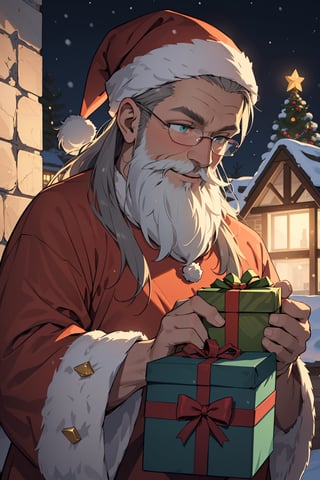 (masterpiece, best quality, ultra detailed, 8k, intricate details), 1child, 1man, old man, beautiful eyes, long hair, long beard, fat body, happy face, christmas, winter, christmas decoration, tree christmas, cosy cottage, give a gift, chimney, wearing santa suit, wallpaper, ambient lighting, lofi ambient, night