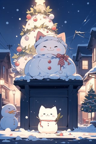 (masterpiece, best quality, ultra detailed, 8k, intricate details), cute cat, christmas headwear, next to snowman, christmas, winter, snow, street christmas decoration, tree christmas, wallpaper, ambient lighting,cat