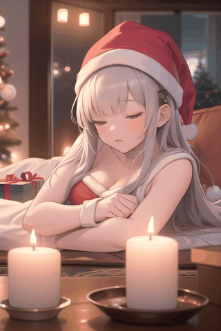 (masterpiece, best quality, ultra detailed, 8k, intricate details), focus on a coffee table, illuminated christmas nativity scene, girld sleeping lying, candles, christmas gift, living room, blur christmas decoration in background, night, wallpaper, ambient lighting, lofi ambient