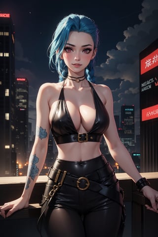 realistic, 1woman, jinx of arcane, parted lips, blush, makeup, light smile, big natural breast, glow, collarbone, narrow waist, (masterpiece, best quality), in a bar, looking viewer, pleasure_expression, sensually pose, office clothes, wallpaper, clouds, sky, night, cyberpunk city, neon, details background, ambient lighting,JinxLol