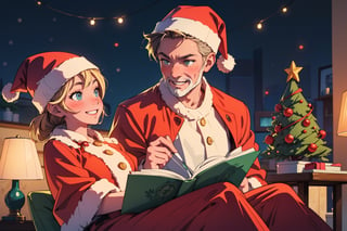 (masterpiece, best quality, ultra detailed, 8k, intricate details), apartment, living-room, santa claus, reading a history, blush, eyes, smile, happy friends, christmas, winter, christmas decoration, wallpaper, ambient lighting, lofi ambient, night