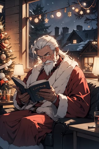(masterpiece, best quality, ultra detailed, 8k, intricate details), 1child, 1man, old man, reading book, beautiful eyes, long hair, long beard, fat body, happy face, christmas, winter, christmas decoration, tree christmas, cosy cottage, sitting, chimney, wearing santa suit, wallpaper, ambient lighting, lofi ambient, night,midjourney