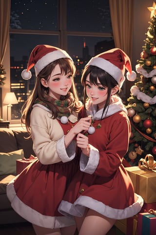 (masterpiece, best quality, ultra detailed, 8k, intricate details), {{{2girls}}}, apartment, living-room, {dancing}, blush, eyes, smile, happy friends, christmas, winter, christmas decoration, wallpaper, ambient lighting, lofi ambient, night