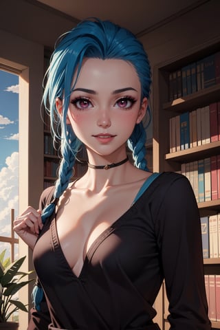 realistic, 1woman, jinx of arcane, parted lips, blush, makeup, light smile, perfect natural breast, glow, collarbone, narrow waist, (masterpiece, best quality), appartment(library, plant), pleasure_expression, sensually pose, wearing school_girl clothes, wallpaper, clouds, sky, details background, ambient lighting,JinxLol
