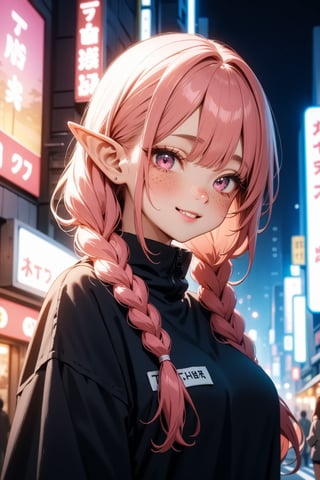 hussy, (masterpiece), best quality, high resolution, highly detailed, detailed background, smile | (masterpiece, best quality, ultra-detailed, 8K),((3 girls)),(picture-perfect face,freckles,blush,(elf), (multicolored hair,pink/platinumblonde hair),braids,,makeup, night, street, tokyo, beautifully detailed | sunset, ambient lighting,Dreamyvibes Artstyle,dark_techwear