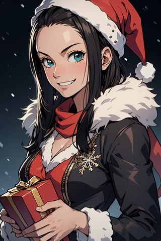 (masterpiece, best quality, ultra detailed, 8k, intricate details), nico robin, one piece, christmas hat, happy face, winter,RobinOP