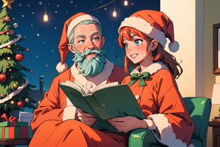 (masterpiece, best quality, ultra detailed, 8k, intricate details), apartment, living-room, santa claus, reading a history, blush, eyes, smile, happy friends, christmas, winter, christmas decoration, wallpaper, ambient lighting, lofi ambient, night