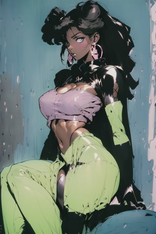 ((Beautiful curvaceous black female sitting on clouds)), black hairstyles, ((long black dreadlocks)), dark skin, ((((dark skinned female))), beautiful AFROCENTRIC female, oily skin, shiny skin, Structured face, symmetrical profile, chubby navel, (midriff), BREAK, thunderous clouds, stormy clouds, dark sky, BREAK,  Black Ninja outfit, ((cowl neck)), black scarf, thigh harness, ((shinobi)), (black cape), (black heels), high fashion heels, hoop earrings, ((illustration by KAWS)), ((Soft pastel colors))), 1980s and 1990s anime, (((masterpiece))), perfect face, full lips, 1980s \(style\), 1990s \(style\), depth of field, cinematic angles, visually striking