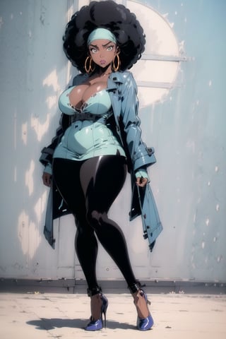 ((Beautiful black female aiming guns)), ((afrocentric dreadlocks)), dark skin, ((((dark skinned female))), full lips, black lipstick, perfect face, BREAK,
Afrocentric female, oily skin, shiny skin, voluptuous figure, large bust, ((plus size model)), (midriff), 
BREAK, (yellow tie), (white dress shirt), (black heels), high fashion heels, hoop earrings, ((light _blue trench coat)), (black leggings), dual pistols, BREAK, ((illustration by KAWS)), ((Soft pastel colors))), 1980s and 1990s anime,(((masterpiece))), ((hyper detailed))