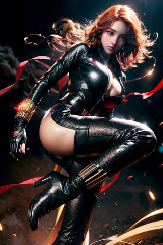 (masterpiece, best quality, photorealistic, high resolution, 8K raw photo),blkwidow,(Red smoke around the body, black background:1.2),Light pollution, glowing smoke,Epic CG masterpiece,  blkwidow, black bodysuit, cleavage, black belt, black gloves, large breasts, bracelet, cityscape, looking at viewer, night, rooftop, contrapposto, thighs,lightning kick, spinning bird kick,Long legs, perfect legs,dynamic pose,yoona,round ass,blkwidow,Sexy Pose,black bodysuit,Styles Pose,realistic