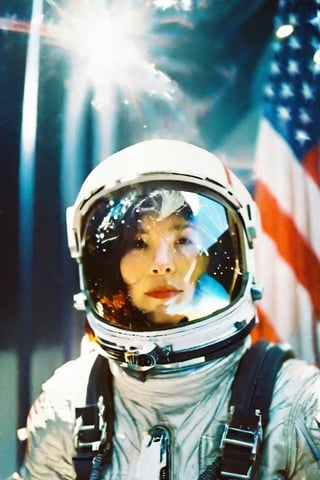 (Low wide angle side shot,old film photo),(beautiful female astronaut drifting in hyper space),(wearing space suit, helmet with face showing, stars reflection in helmet),hyperspace in the background,lisa
