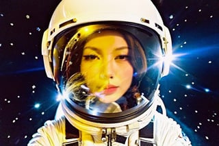 (Low wide angle side shot,old film photo),(beautiful female astronaut drifting in hyper space),(wearing space suit, helmet with face showing, stars reflection in helmet),hyperspace in the background,lisa,GothEmoGirl