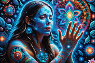  a shman communes with the spirit realm , psychedelic visionary art , ghosts,spirits,spirit guides, shaman visions, . Shamanic visions , ayahuasca visions . Spirit realm, metaphysical realm, esoteric,style, (masterpiece, best quality, ultra-detailed), (perfect hands, perfect anatomy), High detailed, detailed background, anatomically correct, uncensored, beautiful face, detailed hands, perfect eyes, expressive eyes, score_9, score_8_up, score_7_up, best quality, masterpiece, 4k,