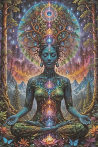 this person sits in a forest and transcends their ego mind and opens up to the spirit realm surrounding them. human in meditation, fractals, vivid color, 
"Visionary art is art that purports to transcend the physical world and portray a wider vision of awareness including spiritual or mystical themes, or is based in such experiences." , psychedelic visionary art ,animal spirits, ,spirits,spirit guides, , . Shamanic visions , ayahuasca visions . Spirit realm, metaphysical realm, esoteric,style, full body human,medium shot, perfect anatomy , psychedelic landscape surrounding the person , (masterpiece, best quality, ultra-detailed), (perfect hands, perfect anatomy), High detailed, detailed background, anatomically correct, beautiful face, detailed hands, perfect eyes, expressive eyes, score_9, score_8_up, score_7_up, best quality, masterpiece, 4k,visionary art,ULTIMATE LOGO MAKER [XL],bl4ckl1ghtxl