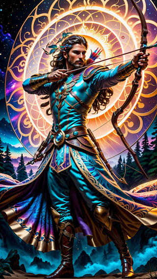 masterpiece), high resolution, highly detailed, detailed background, visionary art style masterpiece , (( the male archer with their bow)) ((( a male archer with his bow drawn back in a dynamic pose ))) (( solo male) in the astral he is a supreme being who stands before the gate to another dimension ,galactic divine energy, , dmt,psychedelic, lsd art, multi-layered Illustration, elegant dress, sacred geometry, kundalini shakti rising, high contrast,HDR, uv highlights ,((symmetrical)), hyper-detailed,hyper-realistic,visionary art ,sharp focus, 32k resolution, a visionary art style masterpiece by Android Jones, Justin Totemical , Simon Haiduk,More Detail ( solo female) (masterpiece),best quality, masterpiece, beautiful and aesthetic, 16K, (HDR:1.4), high contrast, high resolution, highly detailed, detailed background,Exquisite details and textures, cinematic shot, Cold tone, (vibrant and intense:1.2), wide shot, ultra realistic illustration, siena natural ratio, Legendary, Interstellar, Blend of Reality and Imagination, visionary art style masterpiece of (( male archer with their bow)) ((( a male archer))) (( solo male),8k resolution, intricate lines, rococo style, glowing colors an ultra hd, magic, surreal, fantasy, , broken glass effect, stunning, energy, molecular textures, iridescent and luminescent scales, breathtaking beauty, pure perfection, divine presence, unforgettable, impressive, breathtaking image, volumetric light, by ivv, rays, vivid colors reflects, uhd, pixie hair style , female protagonist , ornate embroidered headpiece, crystal, ribbons , translucent energy strands , uv highlights, ,pyromancer,Circle,fantasy00d,High detailed More Detail, realistic faces, detailed faces, ((psychedelic visionary art style)) (( solo male)) handsomel male ,sacred geometry,in the style of visionary art symmetrical, dynamic, golden ratio, epic composition, visionary art, dmt,psychedelic shamanic symbols and energy, geometric waves of light energy , sacred geometry, shamanism, inspiring , captivating visions, dmt,psychedelic, lsd art, high contrast,HDR, hyper-detailed,hyper-realistic,visionary art ,sharp focus, 32k resolution, Simon Haiduk, a visionary art style masterpiece by Android Jones, Justin Totemical , Simon Haiduk,realhands,Enhance,Sexy Muscular, 