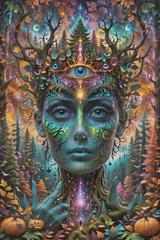 a forest of transcendence that opens up to the surroundings breaking down physical reality into the spirit realm . , fractals, vivid color, 
 . Spirit realm, metaphysical realm, esoteric,style , psychedelic landscape  , (masterpiece, best quality, ultra-detailed), (perfect hands, perfect anatomy), High detailed, detailed background, anatomically correct, beautiful face, detailed hands, perfect eyes, expressive eyes, score_9, score_8_up, score_7_up, best quality, masterpiece, 4k,visionary art,ULTIMATE LOGO MAKER [XL],bl4ckl1ghtxl,dd4ught3r,Halloween