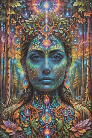 this person sits in a forest and transcends their ego mind and opens up to the spirit realm surrounding them. human in meditation, fractals, vivid color, 
"Visionary art is art that purports to transcend the physical world and portray a wider vision of awareness including spiritual or mystical themes, or is based in such experiences." , psychedelic visionary art ,animal spirits, ,spirits,spirit guides, , . Shamanic visions , ayahuasca visions . Spirit realm, metaphysical realm, esoteric,style, full body human,medium shot, perfect anatomy , psychedelic landscape surrounding the person , (masterpiece, best quality, ultra-detailed), (perfect hands, perfect anatomy), High detailed, detailed background, anatomically correct, beautiful face, detailed hands, perfect eyes, expressive eyes, score_9, score_8_up, score_7_up, best quality, masterpiece, 4k,visionary art,ULTIMATE LOGO MAKER [XL],bl4ckl1ghtxl