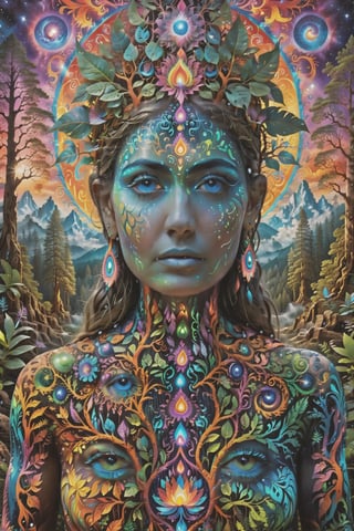 a forest of transcendence that opens up to the spirit realm surrounding breaking down physical reality into the spirit realm . human in meditation, fractals, vivid color, 
"Visionary art is art that purports to transcend the physical world and portray a wider vision of awareness including spiritual or mystical themes, or is based in such experiences." , psychedelic visionary art ,animal spirits, ,spirits,spirit guides, , . Shamanic visions , ayahuasca visions . Spirit realm, metaphysical realm, esoteric,style, full body human,medium shot, perfect anatomy , psychedelic landscape surrounding the person , (masterpiece, best quality, ultra-detailed), (perfect hands, perfect anatomy), High detailed, detailed background, anatomically correct, beautiful face, detailed hands, perfect eyes, expressive eyes, score_9, score_8_up, score_7_up, best quality, masterpiece, 4k,visionary art,ULTIMATE LOGO MAKER [XL],bl4ckl1ghtxl