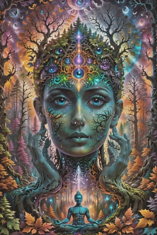 a forest of transcendence that opens up to the spirit realm surrounding breaking down physical reality into the spirit realm . human in meditation, fractals, vivid color, 
 . Spirit realm, metaphysical realm, esoteric,style , psychedelic landscape  , (masterpiece, best quality, ultra-detailed), (perfect hands, perfect anatomy), High detailed, detailed background, anatomically correct, beautiful face, detailed hands, perfect eyes, expressive eyes, score_9, score_8_up, score_7_up, best quality, masterpiece, 4k,visionary art,ULTIMATE LOGO MAKER [XL],bl4ckl1ghtxl,dd4ught3r,Halloween