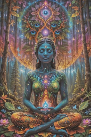 this person sits in a forest and transcends their ego mind and opens up to the spirit realm surrounding them. human in meditation, fractals, vivid color, 
"Visionary art is art that purports to transcend the physical world and portray a wider vision of awareness including spiritual or mystical themes, or is based in such experiences." , psychedelic visionary art ,animal spirits, ,spirits,spirit guides, , . Shamanic visions , ayahuasca visions . Spirit realm, metaphysical realm, esoteric,style, full body human,medium shot, perfect anatomy , psychedelic landscape surrounding the person , (masterpiece, best quality, ultra-detailed), (perfect hands, perfect anatomy), High detailed, detailed background, anatomically correct, beautiful face, detailed hands, perfect eyes, expressive eyes, score_9, score_8_up, score_7_up, best quality, masterpiece, 4k,visionary art,ULTIMATE LOGO MAKER [XL],bl4ckl1ghtxl
