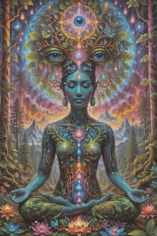 this person sits in a forest and transcends their ego mind and opens up to the spirit realm surrounding them. human in meditation, fractals, vivid color, 
"Visionary art is art that purports to transcend the physical world and portray a wider vision of awareness including spiritual or mystical themes, or is based in such experiences." , psychedelic visionary art ,animal spirits, ,spirits,spirit guides, , . Shamanic visions , ayahuasca visions . Spirit realm, metaphysical realm, esoteric,style, full body human,medium shot, perfect anatomy , psychedelic landscape surrounding the person , (masterpiece, best quality, ultra-detailed), (perfect hands, perfect anatomy), High detailed, detailed background, anatomically correct, beautiful face, detailed hands, perfect eyes, expressive eyes, score_9, score_8_up, score_7_up, best quality, masterpiece, 4k,visionary art,ULTIMATE LOGO MAKER [XL],bl4ckl1ghtxl