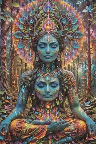 this person sits in a forest and transcends their ego mind and opens up to the spirit realm surrounding them. human in meditation, fractals, vivid color, 
"Visionary art is art that purports to transcend the physical world and portray a wider vision of awareness including spiritual or mystical themes, or is based in such experiences." , psychedelic visionary art ,animal spirits, ,spirits,spirit guides, , . Shamanic visions , ayahuasca visions . Spirit realm, metaphysical realm, esoteric,style, full body human,medium shot, perfect anatomy , psychedelic landscape surrounding the person , (masterpiece, best quality, ultra-detailed), (perfect hands, perfect anatomy), High detailed, detailed background, anatomically correct, beautiful face, detailed hands, perfect eyes, expressive eyes, score_9, score_8_up, score_7_up, best quality, masterpiece, 4k,visionary art,ULTIMATE LOGO MAKER [XL],bl4ckl1ghtxl