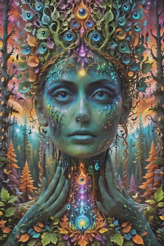 a forest of transcendence that opens up to the surroundings breaking down physical reality into the spirit realm . , fractals, vivid color, 
 . Spirit realm, metaphysical realm, esoteric,style , psychedelic landscape  , (masterpiece, best quality, ultra-detailed), (perfect hands, perfect anatomy), High detailed, detailed background, anatomically correct, beautiful face, detailed hands, perfect eyes, expressive eyes, score_9, score_8_up, score_7_up, best quality, masterpiece, 4k,visionary art,ULTIMATE LOGO MAKER [XL],bl4ckl1ghtxl,dd4ught3r,Halloween