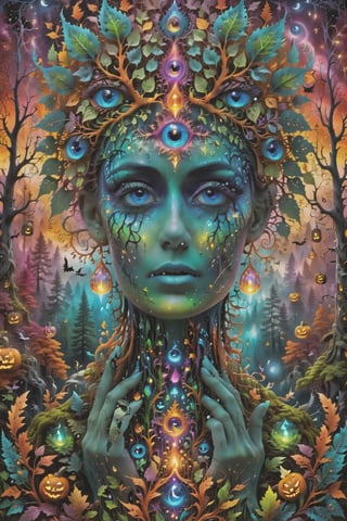 a forest of transcendence that opens up to the surroundings breaking down physical reality into the spirit realm . , fractals, vivid color, 
 . Spirit realm, metaphysical realm, esoteric,style , psychedelic landscape  , (masterpiece, best quality, ultra-detailed), (perfect hands, perfect anatomy), High detailed, detailed background, anatomically correct, beautiful face, detailed hands, perfect eyes, expressive eyes, score_9, score_8_up, score_7_up, best quality, masterpiece, 4k,visionary art,ULTIMATE LOGO MAKER [XL],bl4ckl1ghtxl,dd4ught3r,Halloween