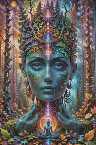 a forest of transcendence that opens up to the spirit realm surrounding breaking down physical reality into the spirit realm . human in meditation, fractals, vivid color, 
 . Spirit realm, metaphysical realm, esoteric,style , psychedelic landscape  , (masterpiece, best quality, ultra-detailed), (perfect hands, perfect anatomy), High detailed, detailed background, anatomically correct, beautiful face, detailed hands, perfect eyes, expressive eyes, score_9, score_8_up, score_7_up, best quality, masterpiece, 4k,visionary art,ULTIMATE LOGO MAKER [XL],bl4ckl1ghtxl,dd4ught3r,Halloween