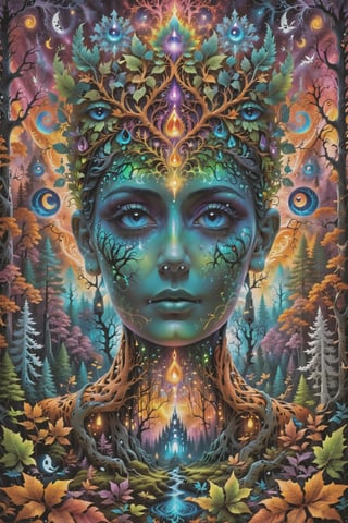 a forest of transcendence that opens up to the spirit realm surrounding breaking down physical reality into the spirit realm . human in meditation, fractals, vivid color, 
 . Spirit realm, metaphysical realm, esoteric,style , psychedelic landscape  , (masterpiece, best quality, ultra-detailed), (perfect hands, perfect anatomy), High detailed, detailed background, anatomically correct, beautiful face, detailed hands, perfect eyes, expressive eyes, score_9, score_8_up, score_7_up, best quality, masterpiece, 4k,visionary art,ULTIMATE LOGO MAKER [XL],bl4ckl1ghtxl,dd4ught3r,Halloween