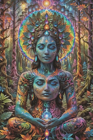 this person sits in a forest and transcends their ego mind and opens up to the spirit realm surrounding them. human in meditation, fractals, vivid color, 
"Visionary art is art that purports to transcend the physical world and portray a wider vision of awareness including spiritual or mystical themes, or is based in such experiences." , psychedelic visionary art ,animal spirits, ,spirits,spirit guides, , . Shamanic visions , ayahuasca visions . Spirit realm, metaphysical realm, esoteric,style, full body human,medium shot, perfect anatomy , psychedelic landscape surrounding the person , (masterpiece, best quality, ultra-detailed), (perfect hands, perfect anatomy), High detailed, detailed background, anatomically correct, beautiful face, detailed hands, perfect eyes, expressive eyes, score_9, score_8_up, score_7_up, best quality, masterpiece, 4k,visionary art,ULTIMATE LOGO MAKER [XL],bl4ckl1ghtxl