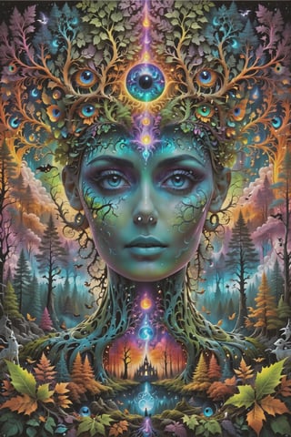 a forest of transcendence that opens up to the surroundings breaking down physical reality into the spirit realm . , fractals, vivid color, 
 . Spirit realm, metaphysical realm, esoteric,style , psychedelic landscape  , (masterpiece, best quality, ultra-detailed), (perfect hands, perfect anatomy), High detailed, detailed background, anatomically correct, beautiful face, detailed hands, perfect eyes, expressive eyes, score_9, score_8_up, score_7_up, best quality, masterpiece, 4k,visionary art,ULTIMATE LOGO MAKER [XL],bl4ckl1ghtxl,dd4ught3r,Halloween