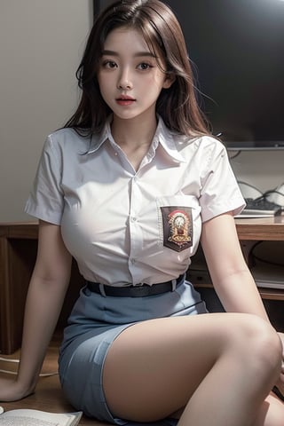 Super fine detail, top quality, masterpiece, authentic texture, cinematic lighting realism, perfect work, 16K, HD, exquisite features, photorealistic, a beautiful girl sitting on work desk reading a book,wearing white uniform and grey skirt, big breast, sexy, cewek-sma