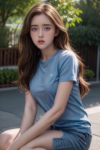 Best quality, masterpiece, ultra high res, (photorealistic:1.4),perfecteyes, raw photo, kathrynnewton with brown hair, blue shirt