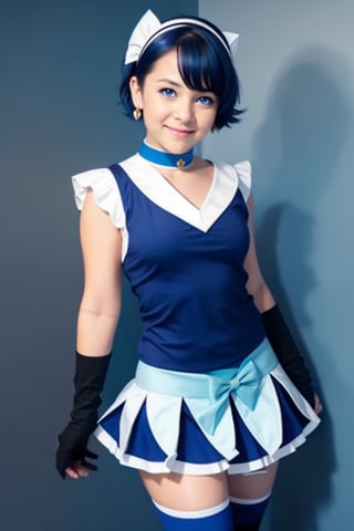 masterpiece, best quality,
1girl, chibi, sailor mercury, blue hair, short hair, blue eyes, tiara, bow, choker, sailor collar, skirt, circlet, earrings, elbow gloves,  knee boots, magical girl, pleated skirt, sailor collar, sailor senshi uniform, 
smile, upper body, solo, looking at viewer, simple background, solid grey background     