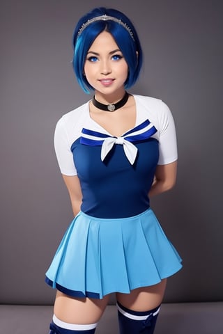 masterpiece, best quality,
1girl, chibi, sailor mercury, blue hair, short hair, blue eyes, tiara, bow, choker, sailor collar, skirt, circlet, earrings, elbow gloves,  knee boots, magical girl, pleated skirt, sailor collar, sailor senshi uniform, 
smile, upper body, solo, looking at viewer, simple background, solid grey background     