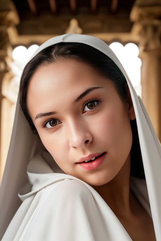 professional photograph, novice of a medieval temple in a white cape,
innocence, white is a color associated with purity and spirituality, beautiful
face of woman, skin with pores, peach fuzz, viral, 1DX Mark III,
Canon EF 85mm f/1.4 L IS USM Lense, shutter speed 1/125,
aperture f/11.0, ISO 100, 8k, HDR, ambient lighting, cinematography,
photorealistic, epic composition, cinematic, color grading,
depth of field, hyper-detailed, editorial photography,
photoshoot, super-resolution,1gir