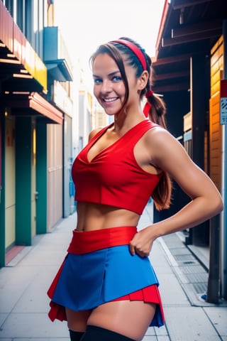masterpiece, best quality,
1girl, wilmitzenam, brown hair, ponytail, long hair, blue eyes, hairband,
large brests, (red crop top, miniskirt, thighhighs:1.3), collarbone, cleavage, sleeveless, 
smile, solo, looking at viewer, outdoors, street, buildings, tokyo street background  