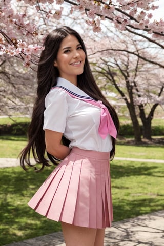 masterpiece, best quality, highres, aaayase, long hair, school uniform, sailor collar, pink neckerchief, white shirt, short sleeves, pleated skirt, grey skirt, , arms behind back, leaning forward, standing, cowboy shot, smile, open mouth, outdoors, cherry blossoms,