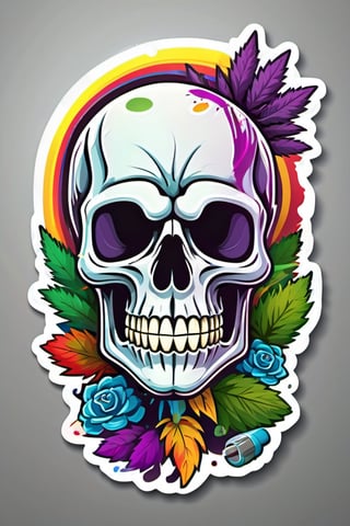 flat vector, mascot design, character design, cartoon, 
skull with a vibrant rainbow palette, smoking a weed joint amidst swirling cannabis leaves. Capture the unique fusion of darkness and colorful cannabis culture in vivid detail vector design ready to print, illustration of a  skull, side view, STICKER, white clean background, paint stains, pro vector, high detail, t-shirt design, grafitti, vibrant, t-shirt less