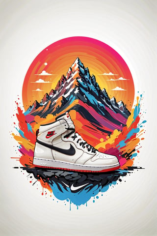Logo business white clean background , black and red nike sneakers 4 in a mountain style, pro vector, high detail, t-shirt design, grafitti, vibrant, t-shirt less, best quality, wallpaper art, UHD, centered image, MSchiffer art, ((flat colors)), (cel-shading style) very bold neon colors, ((high saturation)) ink lines, clean white background environment


