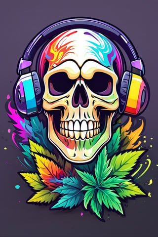 flat vector, mascot design, character design, cartoon, 
skull with headphone a vibrant rainbow palette, smoking a weed joint amidst swirling cannabis leaves. Capture the unique fusion of darkness and colorful cannabis culture in vivid detail vector design ready to print, illustration of a  skull, side view, STICKER, white clean background, paint stains, pro vector, high detail, t-shirt design, grafitti, vibrant, t-shirt less