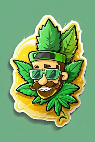 flat vector, mascot design, character design, cartoon, 
Cannabis leaf with green gold colours , and gold touch,  Create an image capturing the essence of this cool and laid-back scene in vibrant detail STICKER, white clean background, paint stains, pro vector, high detail, t-shirt design, grafitti, vibrant, t-shirt less