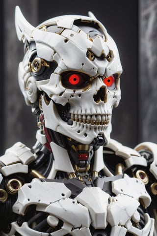 closeup of an ultra detailed marble and gold sculpture of a necromancer mecha (skeleton face, skeleton body), volumetric fog, hyperrealism, stunning, ultra realistic, ultra detailed, cyber background, cinematic lighting, highly detailed, stunning, photography , stunning environment, wide angle ,DonMB4nsh33XL ,GVA suit of armor,masprodeva1, red eyes,CharcoalDarkStyle